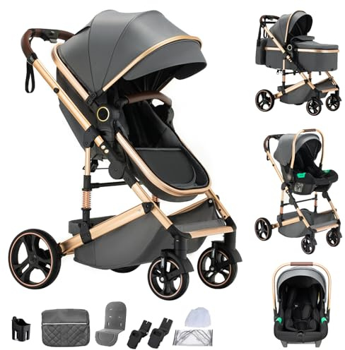Mobayta Kinderwagen 3 in 1 Kinderwagenset bis 22 kg mit höhenverstellbarem Griff mit Aluminiumrahmen für Neugeborene 0-4 Jahre (Dark Grey-H9, H9)