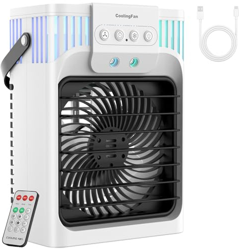 Portable Air Conditioner Cooling Fan, 1200Ml Mini Air Conditioning Unit with Remote,Quiet 3 Wind Speeds & Cool Mist, 2-8H Timer & 7 LED Light, Personal Air Cooler Fan for Room,Home,Office