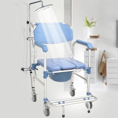 Fauteuil roulant de douche avec chaise percée et fonction de transport pour personnes âgées et handicapées