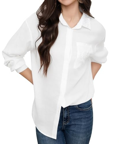 Aunribor Camicetta da Donna Maniche Lunghe Camicia con Bottoni Blusa Ampia Leggera Manica Raglan Colletto della Camicia Ricamo Floreale Elegante con Taschino Tinta Unita Top Casual
