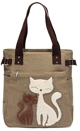 ShopINess Bolso Tote de Lona con Gatos Bordados Múltiples bolsillos Cremallera Práctico Bolso de Hombro Mujer (Marrón Claro)