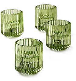 Lugna utrymmen levande set med 4 gröna lykthållare i ribbade glas, perfekt för bröllop och heminredning, mått 5,7 cm hög och 5 cm diameter