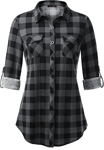 DJT Damen Weiches Gestrick Kariertes Blusen Langarm Oberteile Roll Up Ärmel Hemdbluse Button Down Tops