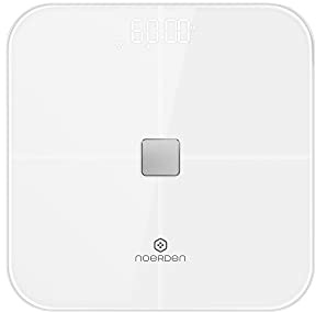 NOERDEN - Smart Body Scale SENSORI - Personenwaage mit Step-On-Technologie, Wi-Fi/Bluetooth, LED-Display und gehärtetes Glas - Körperfett-, Herzfrequenz-, BMI-Analyse mit Mobiltelefon-App - Weiß