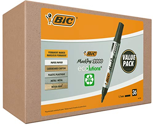 BIC Marking 2300 Permanent Marker (Ecolutions), in Schwarz, Wasserfester Stift auch für Karton, Glas und Kunststoff, mit Rundspitze, 36er Pack