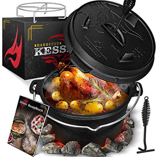 KESSER® Dutch Oven Set BBQ 7,3 Liter, Feuertopf Schmortopf mit Edelstahluntersetzer, Gusseisen Topf mit Deckelheber Henkel und Schlitz für Themormeter, kochkessel Grilltopf für Oudoor & Indoor