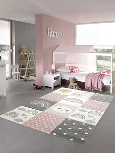 Teppich-Traum Kinderzimmer Teppich Spielteppich Regenbogen Herzchen Wolken rosa Creme grau Größe 160x230 cm