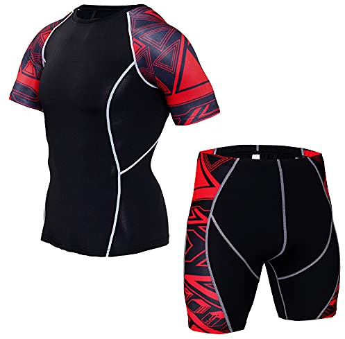 Men's Workout Set Compression Shirt & Shorts Top Shorts Sleeve Sports Base Layer Suit Quick Dry & Moisture-Wicking Red