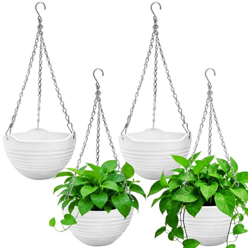 4 Pcs 8 inch Hanging Planter Pots,Self-Watering Round Hanging Basket with Water Tray and Metal Chain,Succulent Flower Plant Pot Container for Indoor Outdoor Garden Balcony Wall Decor,White