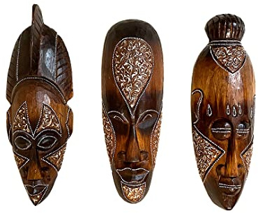OMA Set of (3) Wooden Hand Crafted African Wall Masks African Wall Art Home Decor Gift Tiki Tribal Wall Decor Sculpture