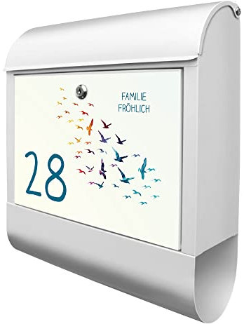 banjado Design Briefkasten personalisiert mit Vogelschwarm Bunt 38,5x46,5x13cm & 2 Schlüssel - Briefkasten Stahl weiß mit Zeitungsfach pulverbeschichtet - Postkasten A4 Einwurf inkl. Montagematerial