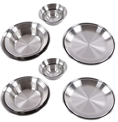 Stainless Steel Camping Dinnerware Set, Lightweight Food-Grade 12-Piece Outdoor Plates Bowls with Carry Bag, for Hiking Picnics Backpacking Family Adventures