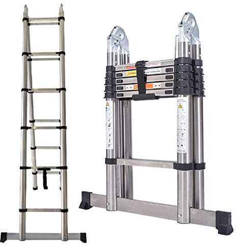 12.5FT Telescopic Folding Ladder Newest Extension Stainless Steel 1.9m+1.9m A-Frame 3.8m Straight Ladder Telescoping Portable Multi-Purpose with Stabilizer Bar for Building Maintenance Window Cleaning