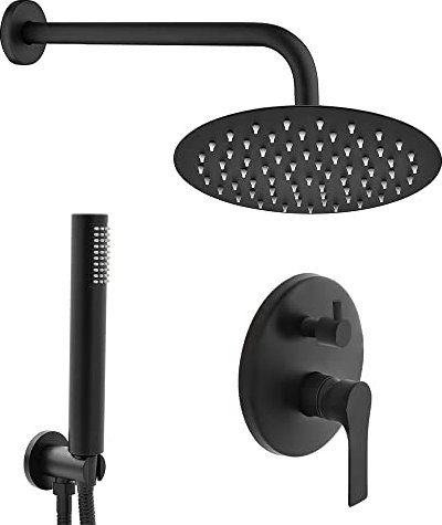 Set Doccia Completo Nero Opaco, Sistema Incasso compreso di Miscelatore con deviatore, soffione e Kit doccetta (Diametro 20 cm, Tondo)