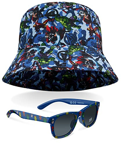 Marvel Fischerhut und Kinder Sonnenbrille Set für Jungen Avengers Sonnenhut 100% UV Kindersonnenbrille Spiderman Hut Jungen - Ideal für Urlaub Sommer Zubehör Geschenke (Blau Avengers)