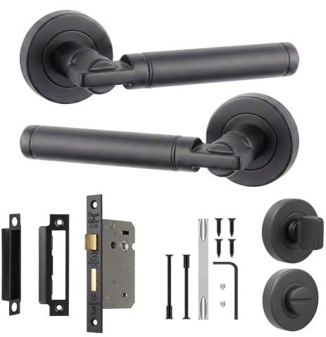 Decoranddecor Matt Black Bathroom Door Handles with Lock and Turn Set | Door Handles Internal Black, Privacy Turn, Fire Rated Lock, Thumb Turn Privacy, En Suite Cloakroom Doors, Indoor Handle Sets