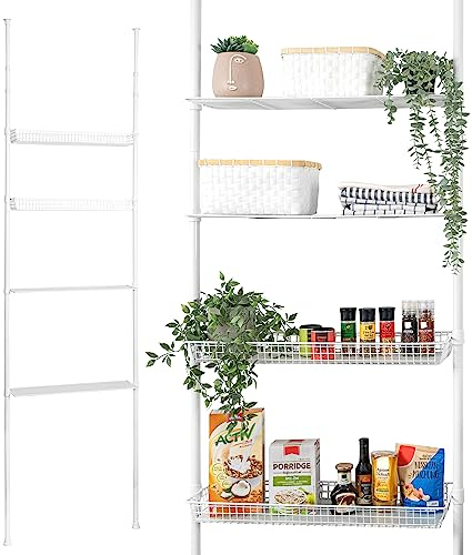 bremermann Teleskop-Regal mit 2 Körben 2 Ablagen, Badregal, Waschmaschinenregal, Allzweckregal für viele Wohnbereiche geeignet, Teleskop-Stange höhenverstellbar bis max. ca. 290 cm (Weiß)