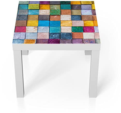 DEQORI Glastisch | weiß klein 55x55 cm | Motiv Buntes Holzmosaik | ausgefallener Beistelltisch aus Glas | Hochglanz Couchtisch fürs Wohnzimmer | moderner Couch Tisch mit Design