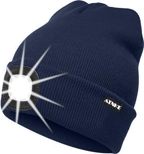 ATNKE LED Beleuchtete Mütze,Wiederaufladbare USB Laufmütze mit Licht Extrem Heller 4 LED Lampe Winter Warme Stirnlampe für Herren und Damen Geschenke