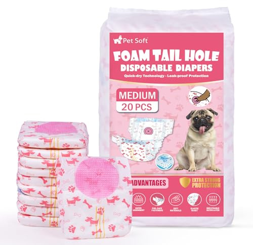 Pet Soft Disposable Dog Diapers - Female Dog Diapers with Adjustable Foam Tail Hole, Ultra Protection Puppy & Cat Diapers Wetness Indicator for Dogs in Heat or Incontinence, 20pcs (M,Red)