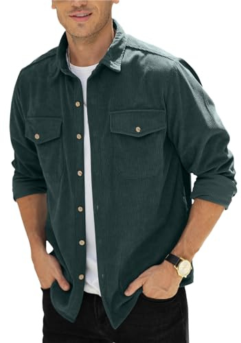 Camisas de pana con botones para hombre, camisas abrigo, camisa casual con bolsillo en el pecho M-3XL, verde oscuro, XL