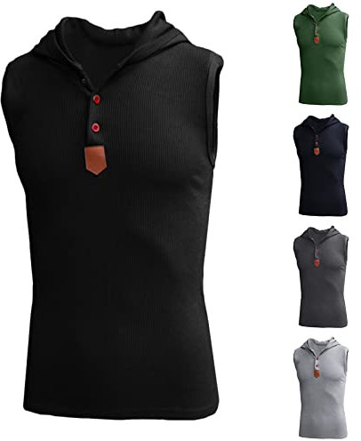 Weste Herren Schwarz Kapuze - Sportweste Herren Baumwolle - Lässige Knopf Kapuze Tank Top Atmungsaktiv Ärmelloswesten Skinny Stretch Muskelshirt Fitted Fitness Weste Gym Ohne Taschen Arbeitsweste