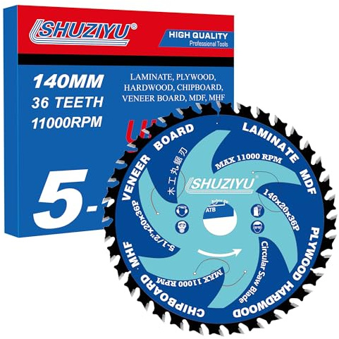 SHUZIYU 5-1/2(140mm)-36T, Circular Saw Blade, Arbor 20mm with 5/8-1/2-10mm-3/8“ Washer, for Laminate, Veneer Board, Plywood, Hard Wood, MDF and HDF Cutting
