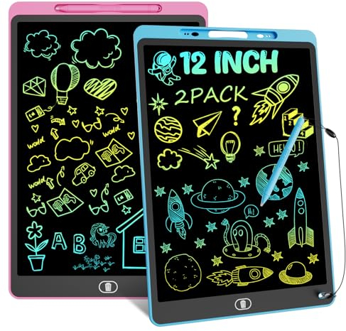 2 Pack LCD Schreibtafel Bunte, 12 Zoll Maltafel für Kinder & Erwachsene, Augenschutz Zeichentafel mit Sperr-& Lösch Tasten, Spielzeug & Geschenke, für Hause, Schule, Reisen - Blau & Rosa