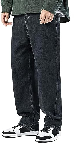 RUMAOZIA Jeans da Uomo Baggy Y2K Skateboard Con Gamba Larga Harajuku Denim Pants Blu Dritti Trouser Streetwear Vintage Hip Hop Pantaloni Straight Leg, O Nero