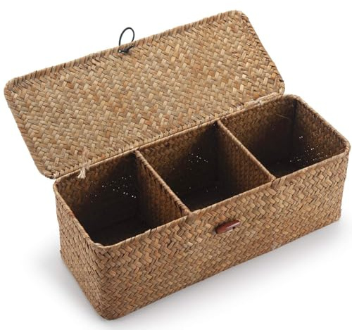 Seegras Aufbewahrungskorb mit Deckel, Aufbewahrungskorb Geflochten für Badezimmer, Gewebter Badezimmer Aufbewahrungsbox mit 3 Fächern (Natürlich, 42 x 14 x 14 cm)