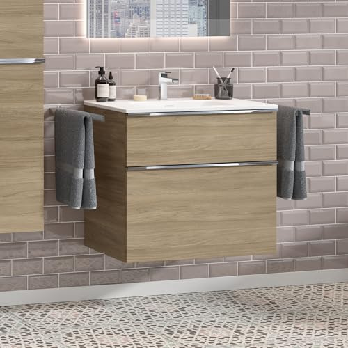 Zentrobad Griff Premium Waschbecken weiß mit Unterschrank Eiche 80 cm Waschtisch Badmöbel Badezimmer Schrank Badschrank mit Zwei Schubladen (Eiche)