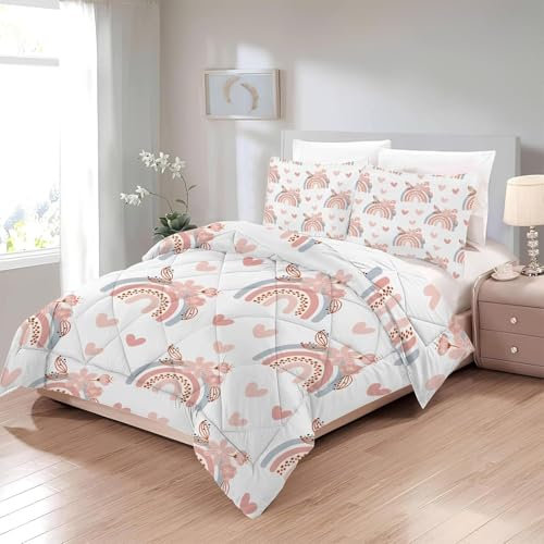 TMMDH Bettdecke 200x220 Ohne Bezug Nutzbar, Rainbow Love Flowers Bettdecken Waschbar Ganzjahresdecke Rosa 4 Jahreszeiten Steppdecke, Bettzeug Microfaser mit 2 Kissenbezug für Sommer Winter Doppelbett