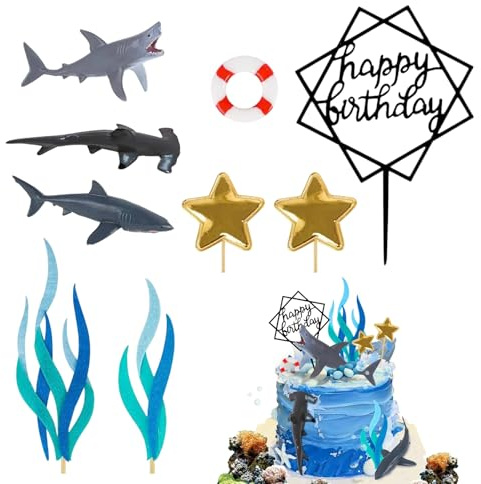 GUOYOU 9-teiliges Hai-Kuchenaufsatz-Set mit Haifisch-Figuren, Seetang, Rettungsring, Sterne, Happy Birthday Acryl-Karte, für Ozean-Mottoparty, Hai, Geburtstag, Babyparty, Meeres-Partyzubehör