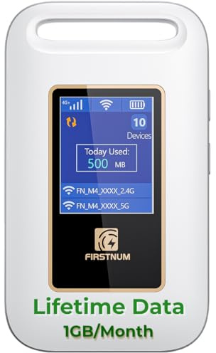 Firstnum M4 4G LTE Mobile Hotspot, ESIM Compact Portable WiFi Hotspot for Travel, No SIM Card or Contract Required, Hotspot Device Connect Up to 10 Devices, 1GB Free US Data Monthly, White