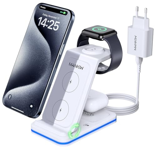 MANKIW 3 in 1 Ladestation für iPhone, iWatch und AirPods | 15W Ladegerät mit Dual-Coil, klappbarer Halterung und Schutzfunktionen für Schreibtisch, Büro und Reise
