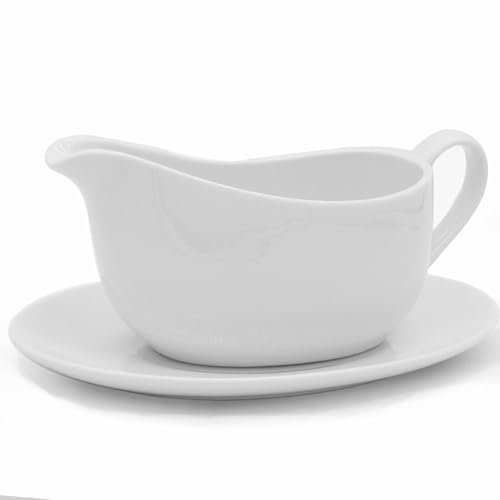 Gravy Boat With Saucer, 13.5oz Ceramic Sauce Boat with Tray, White Gravy Bowl