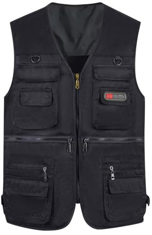 Arbeitsweste für Herren, Tarnmuster, taktische Weste, Outdoor, Safari, Jagd, Wandern, Weste, Fliegenfischen, ärmellos, mehrere Taschen, Reißverschluss, Schießweste, Angelbekleidung für Herren, Schwarz