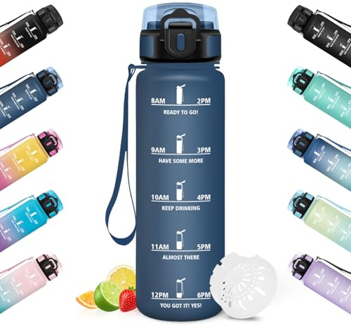 HoneyHolly Gourde 1L, Réutilisable, Gourde Sport, Marqueur Horaire, Bouteille Eau, Étanche, Portable, Water Bottle pour Salle de Sport, Vélo, Bureau, Extérieur, École