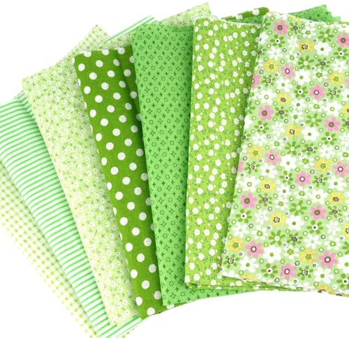 Lot de 7 tissus à coudre, 50 x 80 cm, vert, patchwork, motifs de fleurs et petits pois, résidus de tissu pour travaux manuels, vêtements, bricolage, paquets de tissus faits à la main