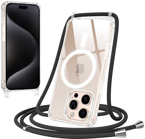 Jrkvniv Magnetica Trasparente Cover per iPhone 15 Pro con Cordino, Compatibile con Magsafe,Trasparente Ultra Sottile Silicone TPU Antiurto Custodia con Collana Laccio rimovibile per iPhone 15Pro, Nero