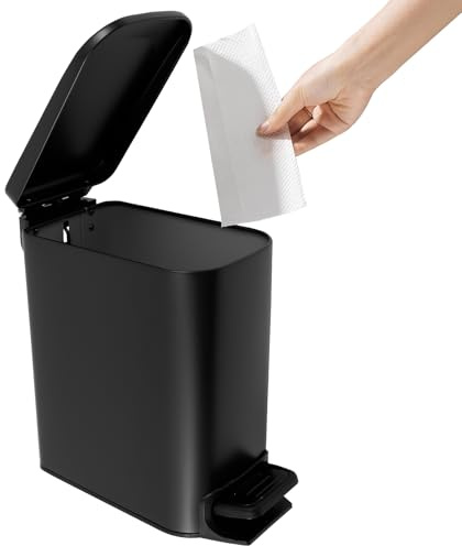 VAVPUP Small Black Bathroom Bin with Soft-Close Lid & Steel Pedal,Pedal Bin with Removable Inner Bucket without Annoying Noise Odor and Pet-Resistant for Compact Spaces 29.8x15x30.2 cm