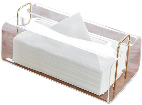 Acryl Kosmetiktücherboxen Rechteckig mit Geschwungenem Design - Dekorativer, Moderner, Kristallklarer Taschentuchspender mit Goldenen Metallakzenten für Wohn-/Büro-Deko