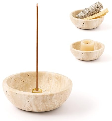 WORHE Räucherstäbchenhalter aus Travertin, Natürlichem Travertin Beige | Räucherstäbchenhalter aus Travertin mit 9 Räucherlöchern, Handgefertigt, Ideal für Meditation, Yoga-Dekoration(WH085)