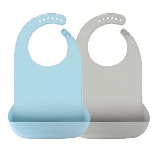 FAKKA Lot de 2 Bavoirs Adultes en Silicone Lavables - Avec Bac de Récupération Imperméable, Réglables pour Adultes et Personnes Âgées (Taille L)