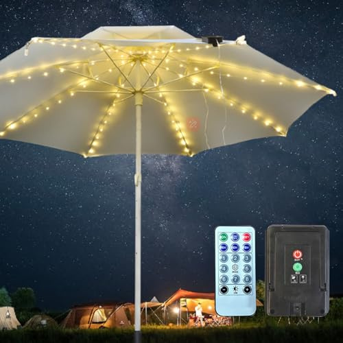 Solar Umbrella Lights 104 LED with Remote Control, Clip On Patio Umbrella Lights 8 Lighting Modes Waterproof Outdoor for Camping Garden Hiking, Warm Light