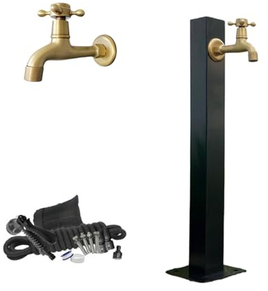 Gartenbrunnen aus Edelstahl mit Wasserhahn, Säulenwasserspiel, Boden-/Seiteneinlass, modernes Design für Terrasse, Hof und Landschaftsdekoration, schwarzes Finish