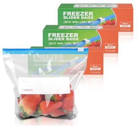 TAIYUNWEI 75PCS Zip Lock Food Freezer Bags (75PCS-Quart-1L) | 1L , Reusable Sandwich Bags with Expandable Bottom, for Storage Fruit, Snack, Veggie, Grain, Meat