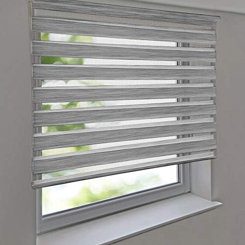 Doppelrollo Premium 110 x 120 cm Leinen-Struktur grau - Duorollo Vario Seitenzug zum Anschrauben freihängend für Wandmontage und Deckenmontage - inkl. Metallträger