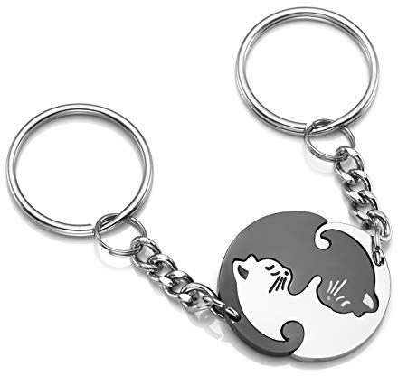 PiercingJak Paare Schlüsselanhänger Set, 2 STK. Edelstahl Puzzle Partner Katze Schlüsselbund Keychain Schlüsselring Liebe Freundschaft Geschenke für Herren Damen, Silber Schwarz