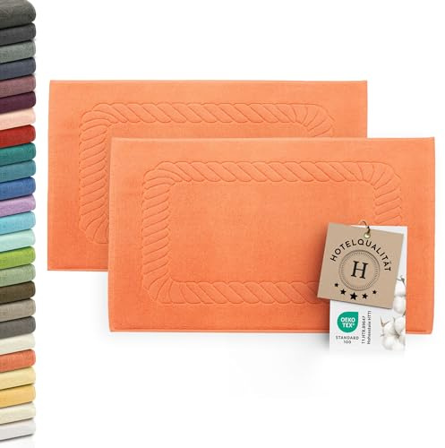 ZOLLNER Uppsättning av 2 badmattor – mjuka och absorberande duschmattor – tvättbar upp till 95 °C – bomull – 50 x 70 cm i orange